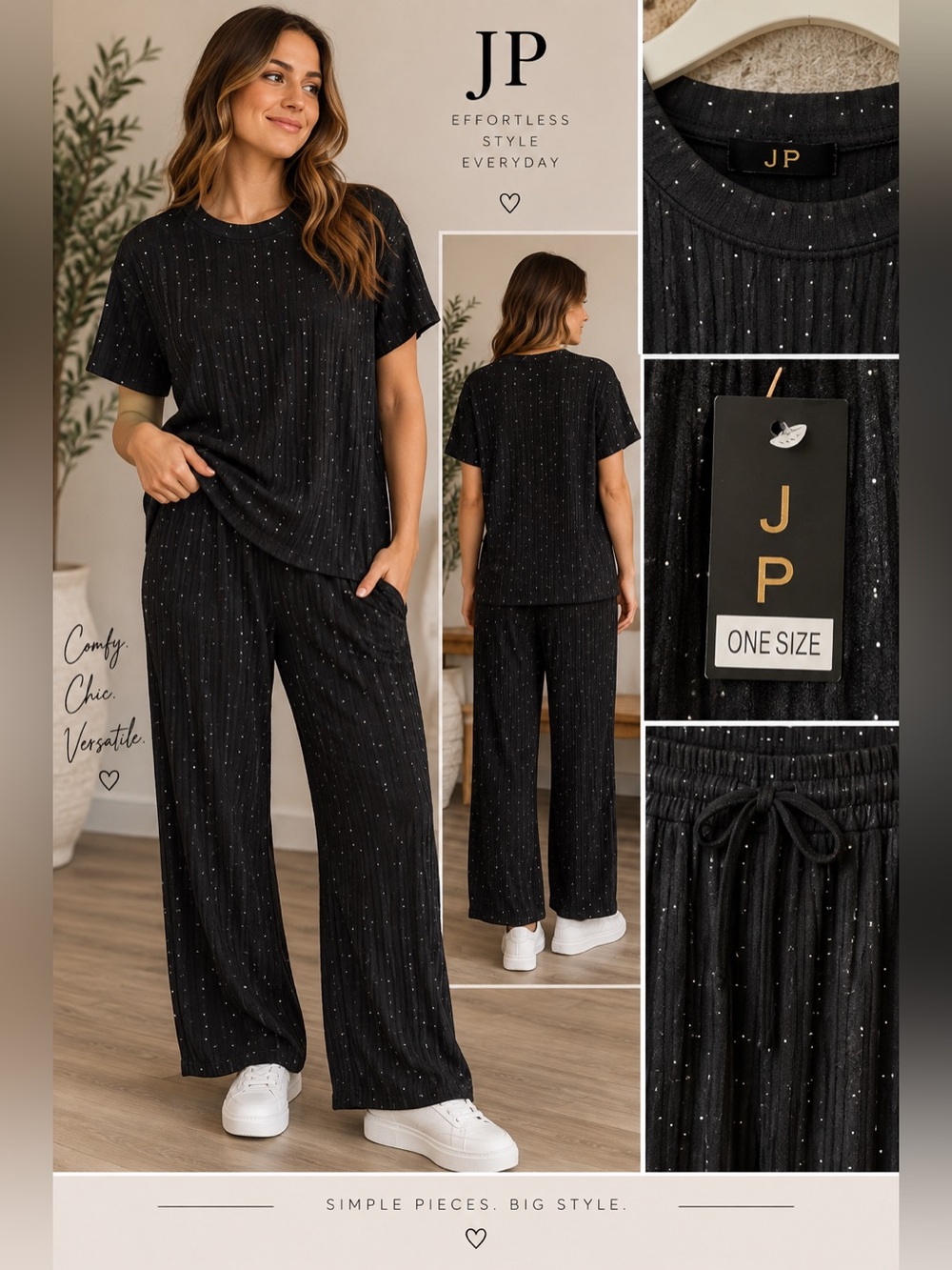 Black Sparkle Wide-Leg Lounge Pants